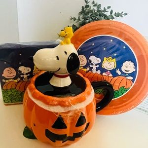 Peanuts Snoopy Woodstock Ceramic Halloween Pumpkin Jar, Soup Mug SET 🎃